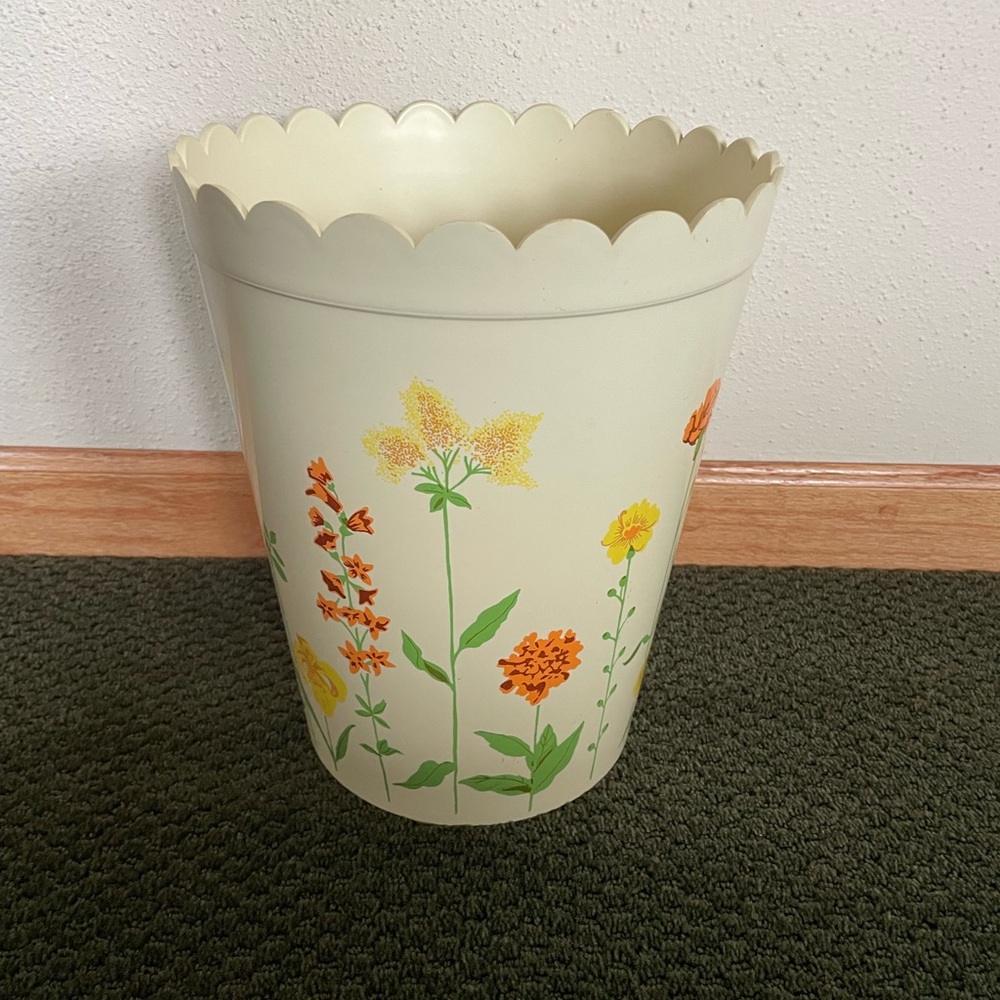 Vintage Mod Ransburg Trash Bin/ 1960's Plastic Yellow Green Red Flower Floral